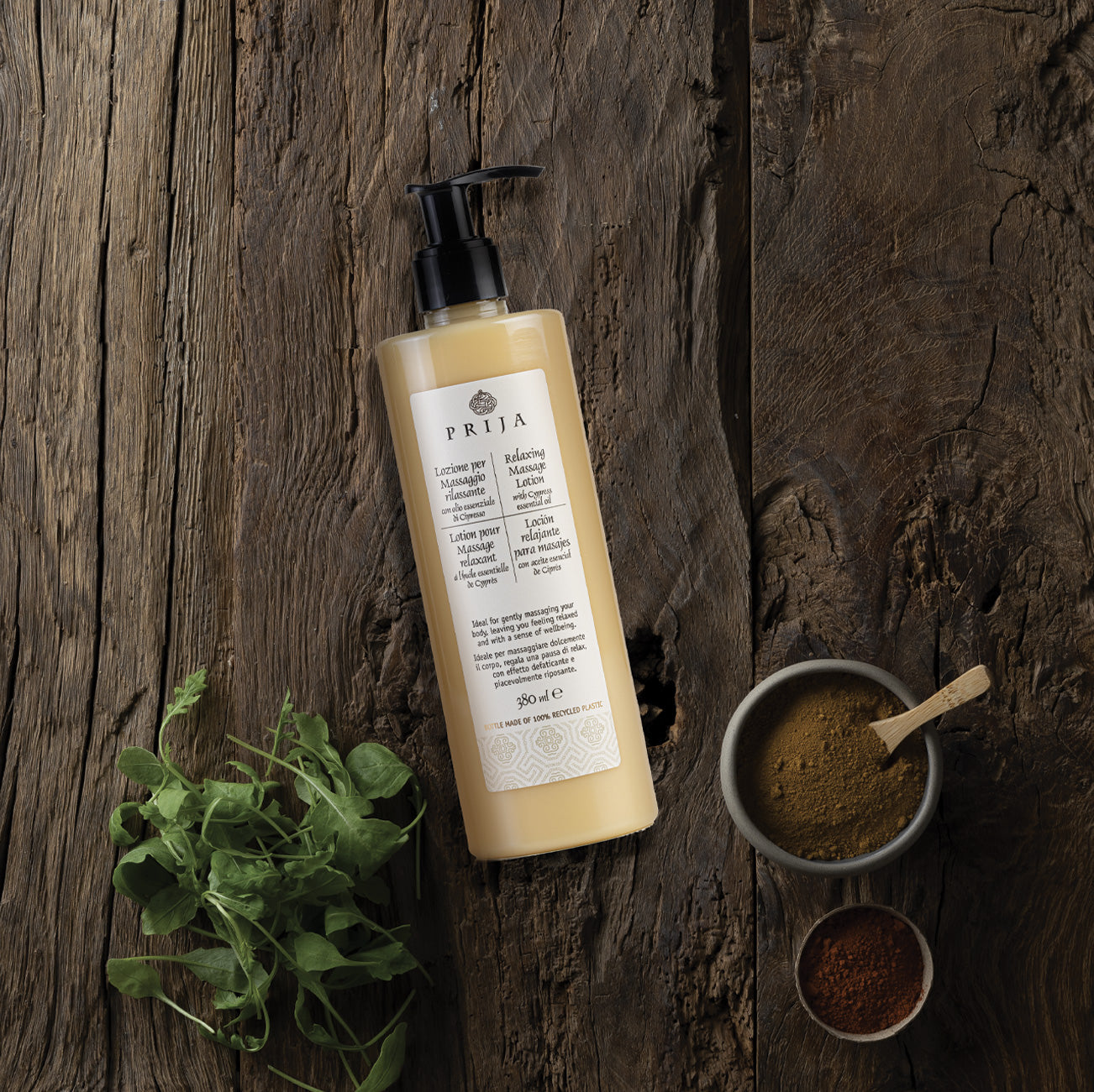 Prija Relaxing Massage Lotion (380 ml) in a pump dispenser